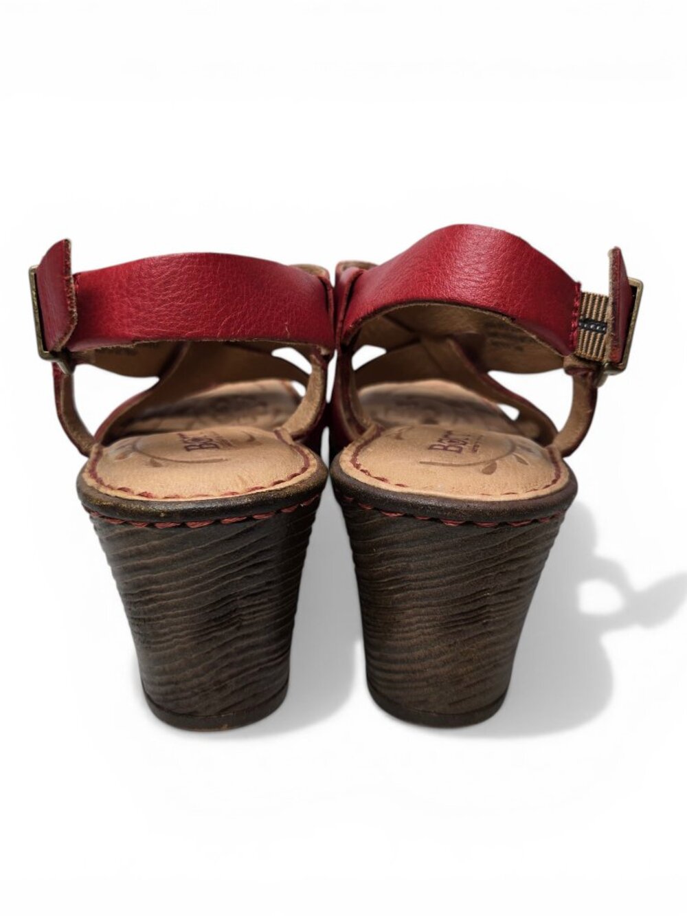 Born Carmo Red Sandals Women Leather Slingback Strappy Wood Tone Heel 7M - Picture 4 of 10